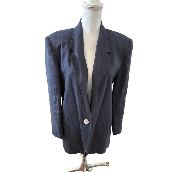 Vintage International Scene Oversized Linen Blazer Dark Blue - Picture 1 of 6